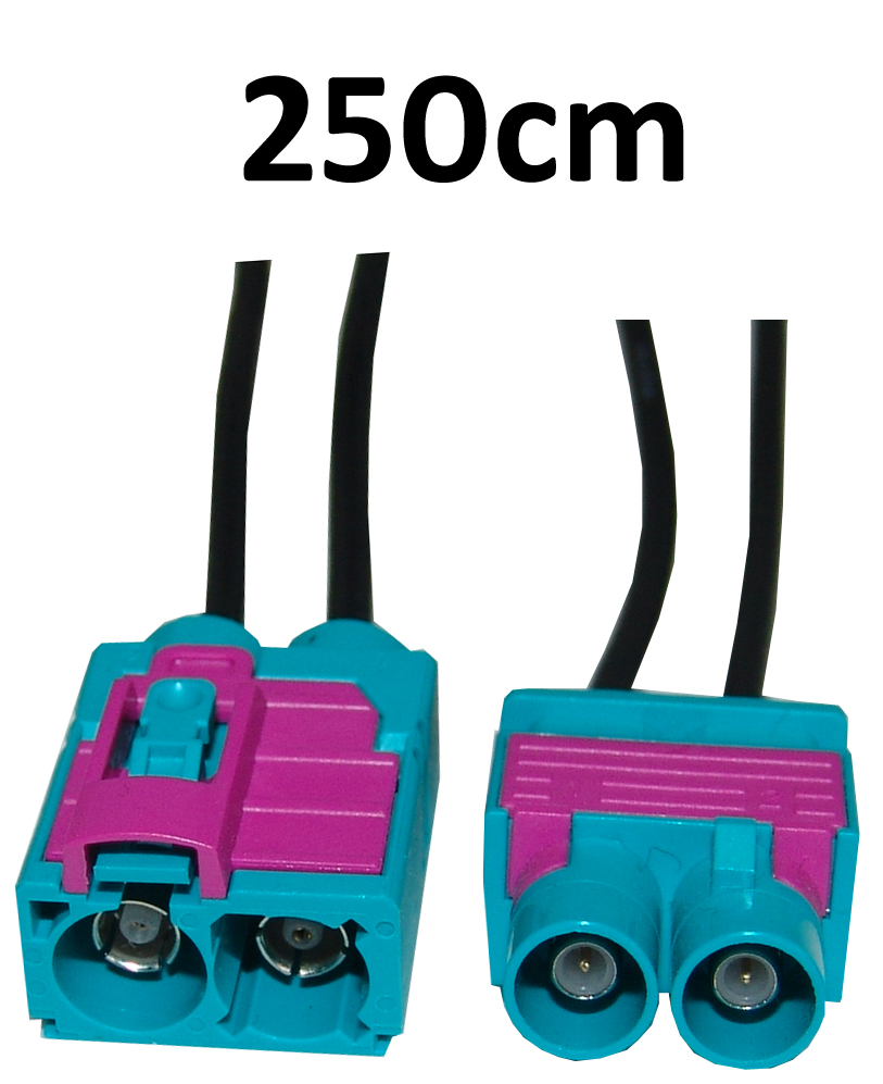 Kabel Doppel Fakra wasserblau, Stecker auf Buchse, 250cm