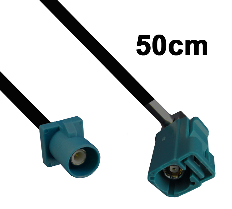 Kabel Fakra wasserblau, Stecker auf gewinkelte Buchse, 50cm